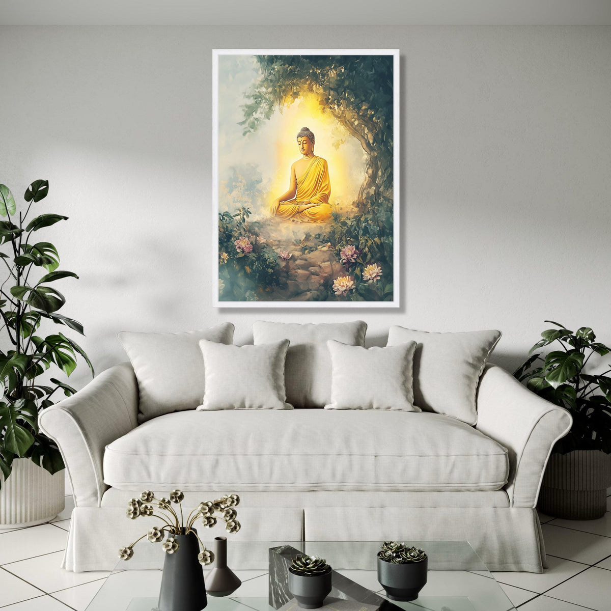 Meditating Buddha in Tranquil Garden, Spiritual Canvas Wall Art, Zen Home Decor, Peaceful Buddha Illustration, Gift Art, Home Decor, Print
