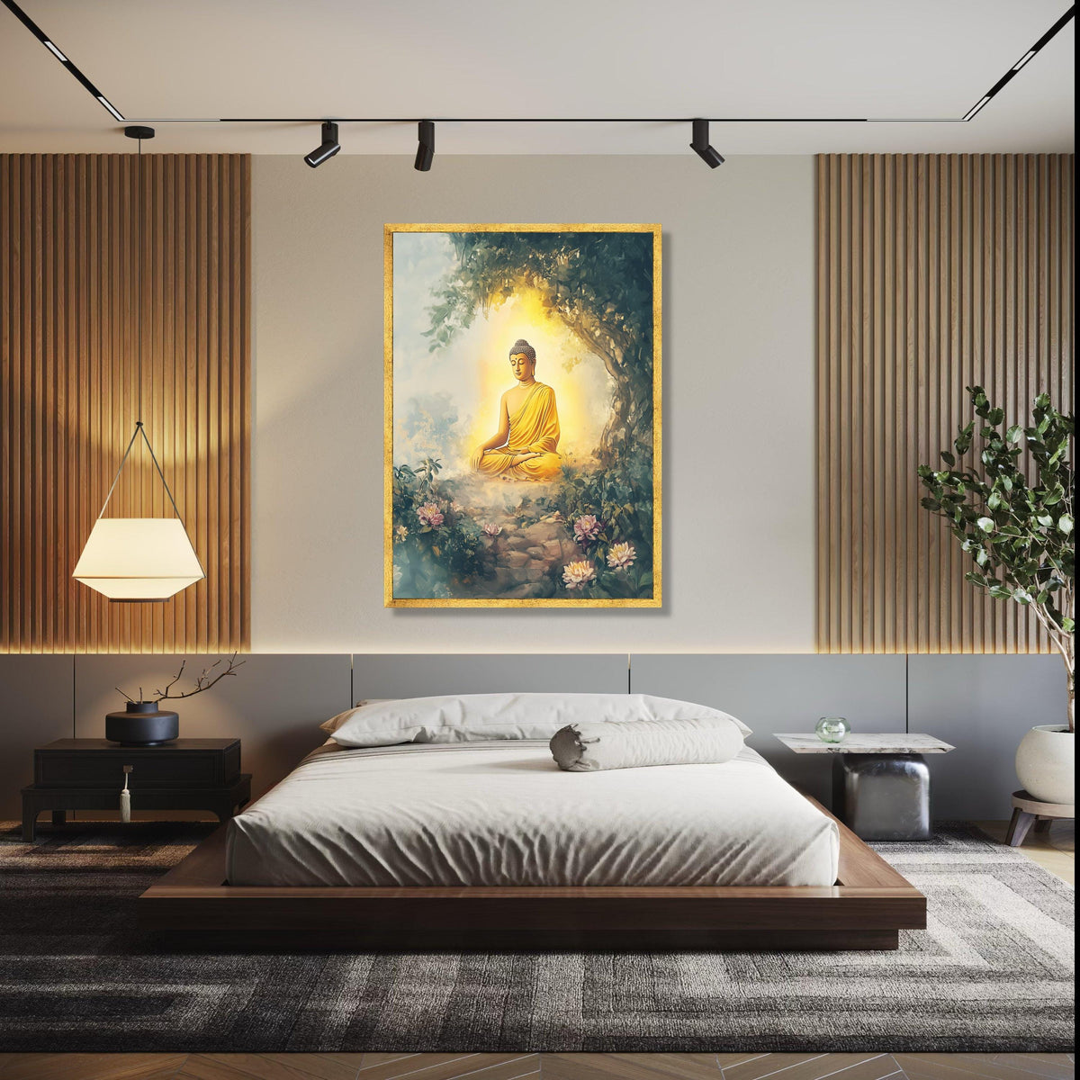 Meditating Buddha in Tranquil Garden, Spiritual Canvas Wall Art, Zen Home Decor, Peaceful Buddha Illustration, Gift Art, Home Decor, Print