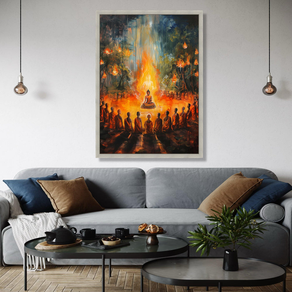 Enlightened Buddha Meditation, Spiritual Circle Canvas Wall Art, Glowing Flame Aura, Monks Gathering Art, Zen Gift Art, Home Decor, Print