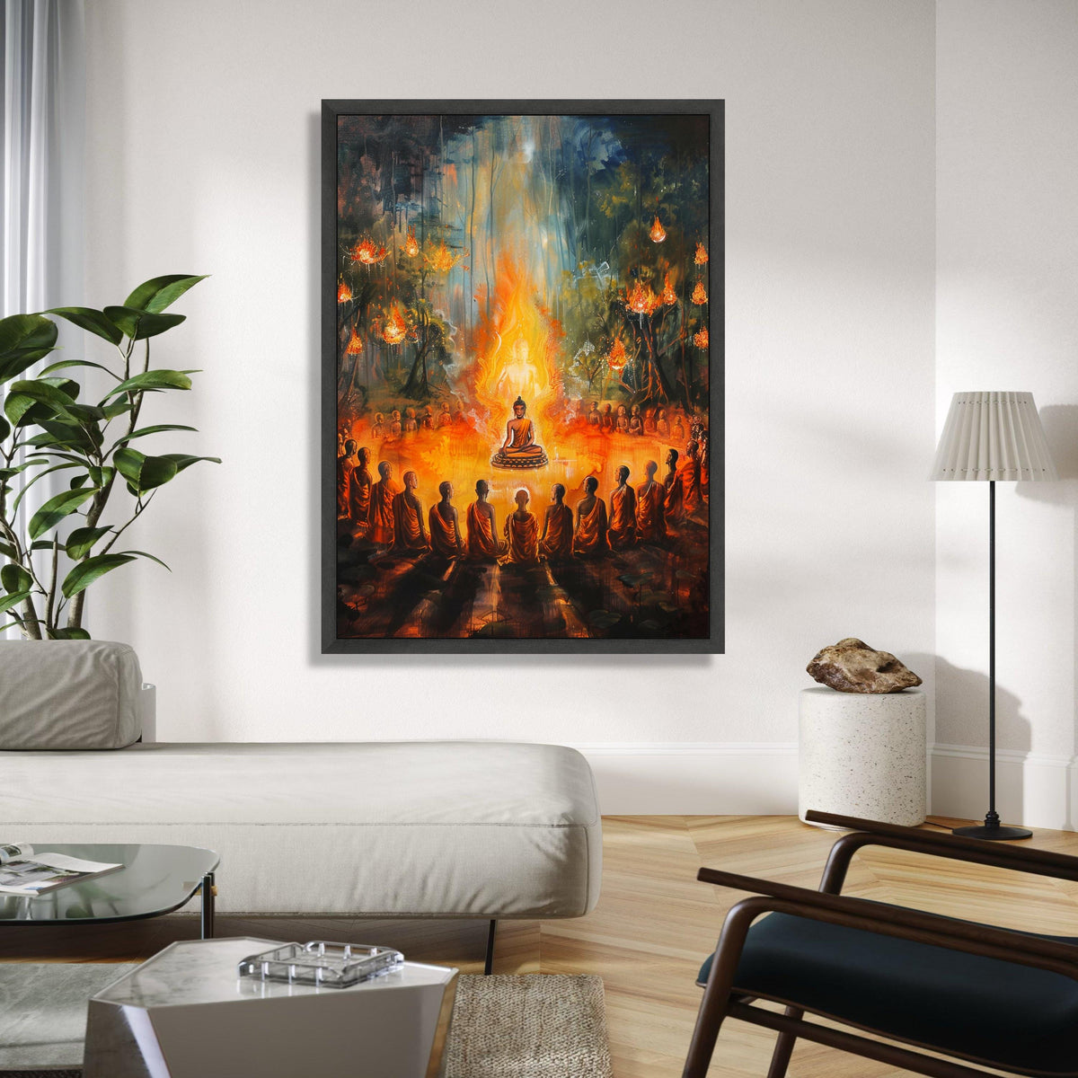 Enlightened Buddha Meditation, Spiritual Circle Canvas Wall Art, Glowing Flame Aura, Monks Gathering Art, Zen Gift Art, Home Decor, Print