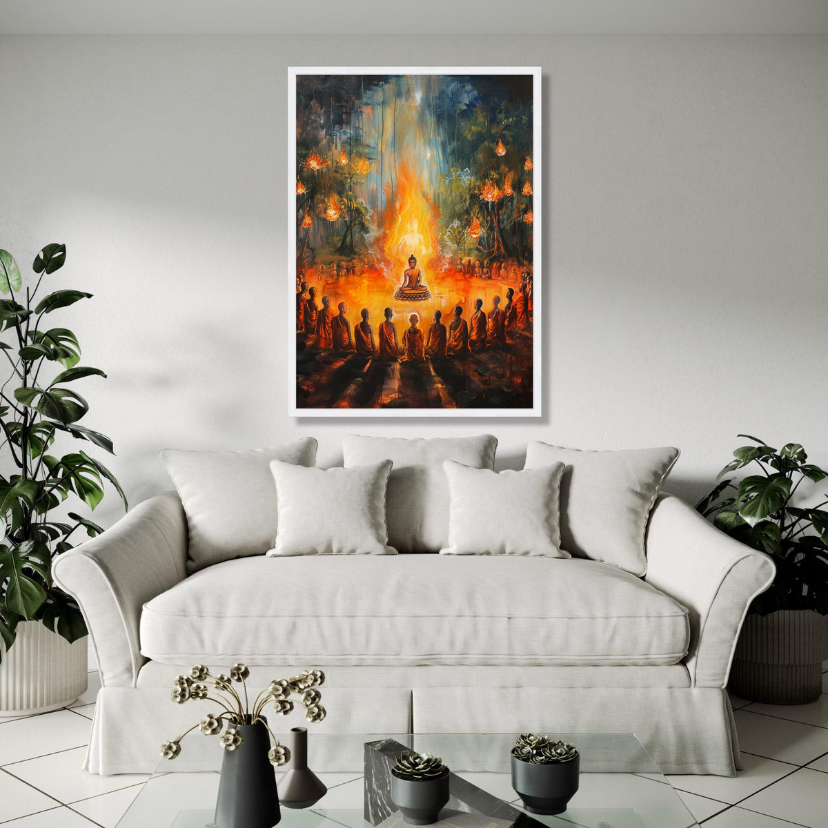 Enlightened Buddha Meditation, Spiritual Circle Canvas Wall Art, Glowing Flame Aura, Monks Gathering Art, Zen Gift Art, Home Decor, Print