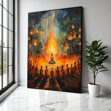 Enlightened Buddha Meditation, Spiritual Circle Canvas Wall Art, Glowing Flame Aura, Monks Gathering Art, Zen Gift Art, Home Decor, Print