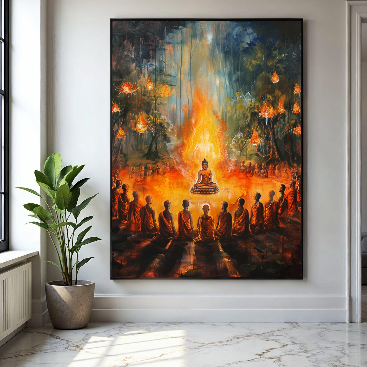 Enlightened Buddha Meditation, Spiritual Circle Canvas Wall Art, Glowing Flame Aura, Monks Gathering Art, Zen Gift Art, Home Decor, Print