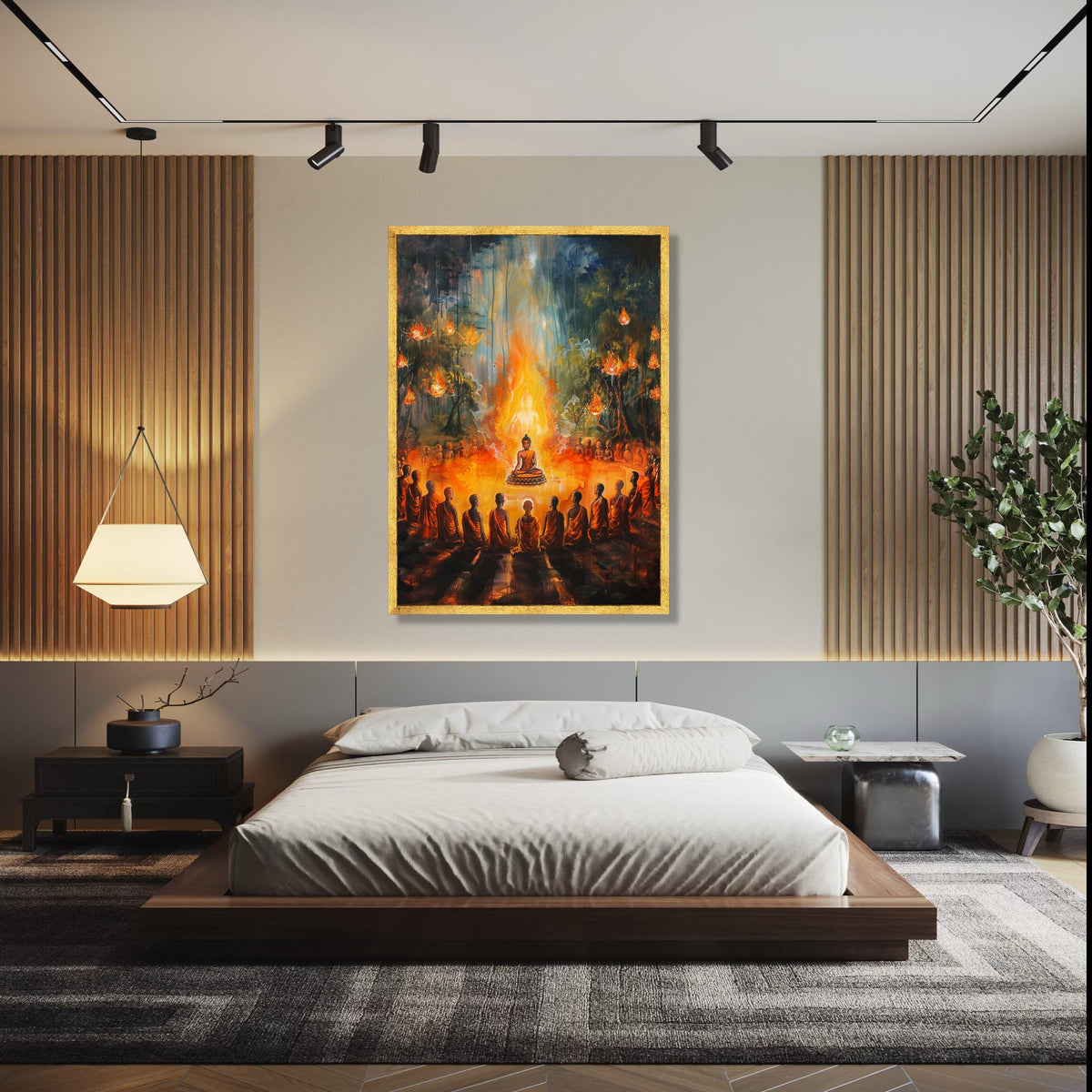 Enlightened Buddha Meditation, Spiritual Circle Canvas Wall Art, Glowing Flame Aura, Monks Gathering Art, Zen Gift Art, Home Decor, Print