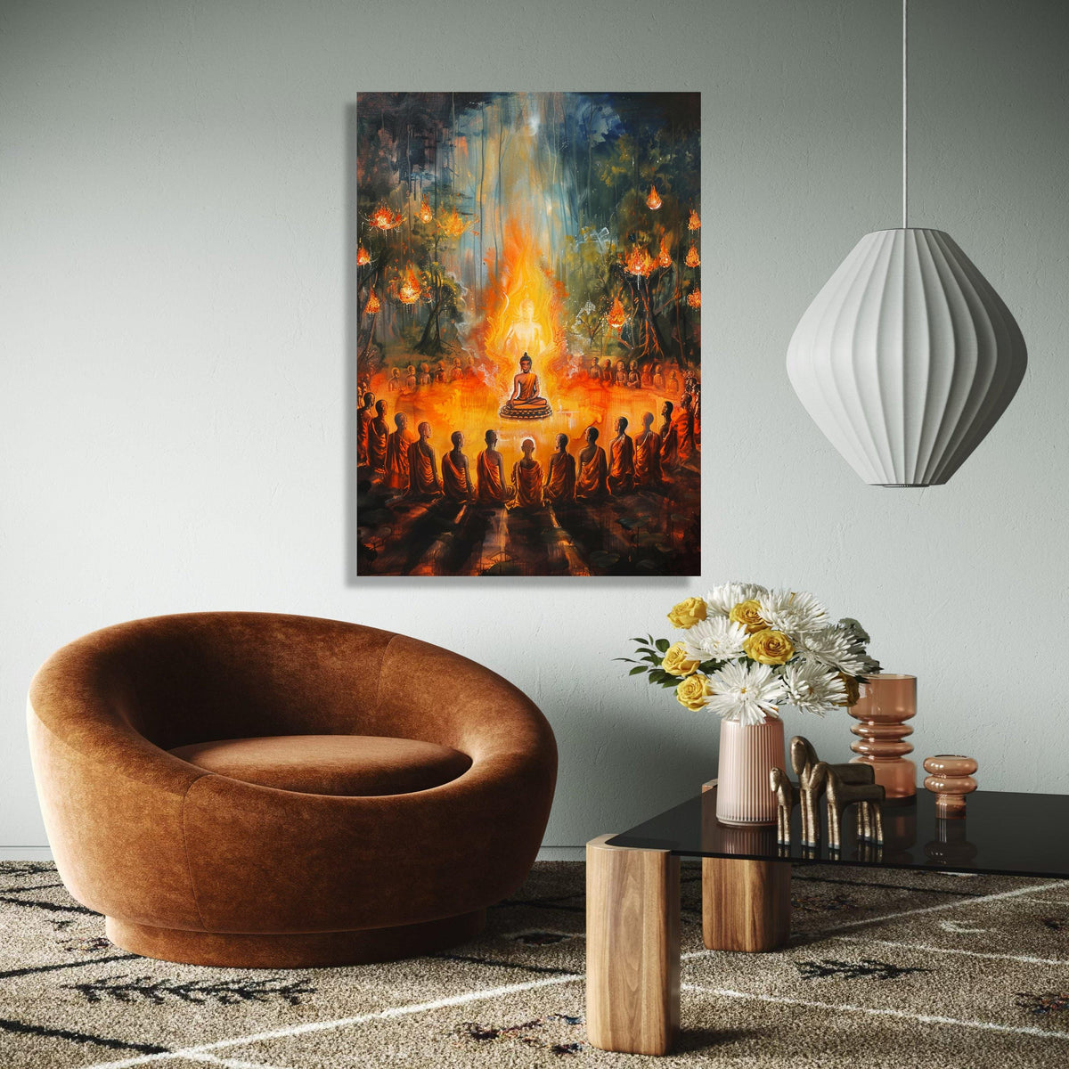 Enlightened Buddha Meditation, Spiritual Circle Canvas Wall Art, Glowing Flame Aura, Monks Gathering Art, Zen Gift Art, Home Decor, Print