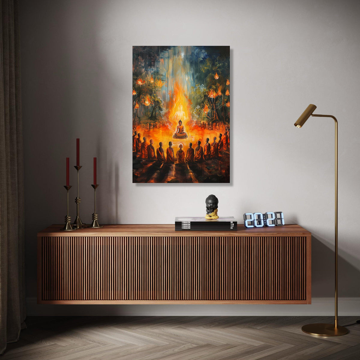 Enlightened Buddha Meditation, Spiritual Circle Canvas Wall Art, Glowing Flame Aura, Monks Gathering Art, Zen Gift Art, Home Decor, Print