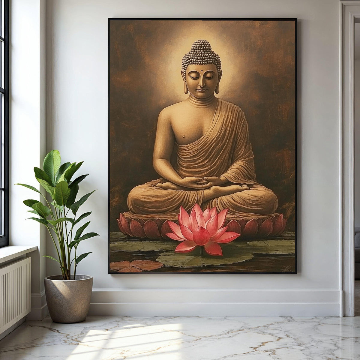 Meditative Buddha Sitting Canvas, Lotus Flower Wall Art, Spiritual Home Decor, Tranquil Buddha Statue Painting, Gift Art, Home Decor, Print