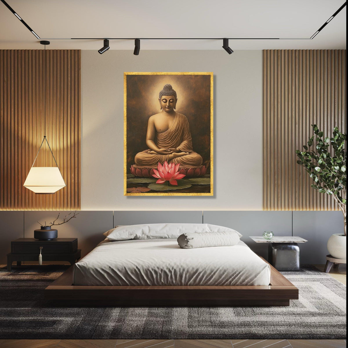 Meditative Buddha Sitting Canvas, Lotus Flower Wall Art, Spiritual Home Decor, Tranquil Buddha Statue Painting, Gift Art, Home Decor, Print