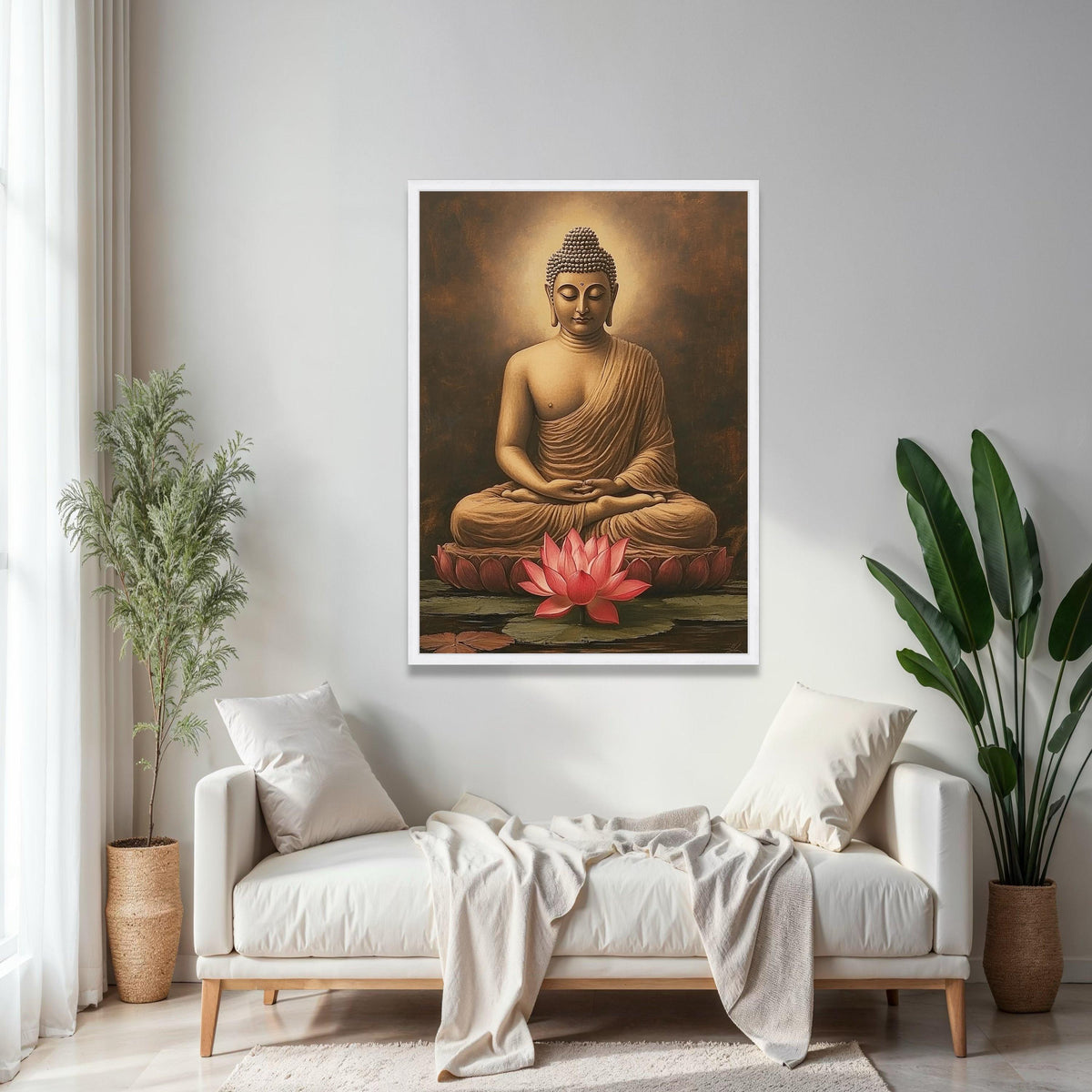 Meditative Buddha Sitting Canvas, Lotus Flower Wall Art, Spiritual Home Decor, Tranquil Buddha Statue Painting, Gift Art, Home Decor, Print