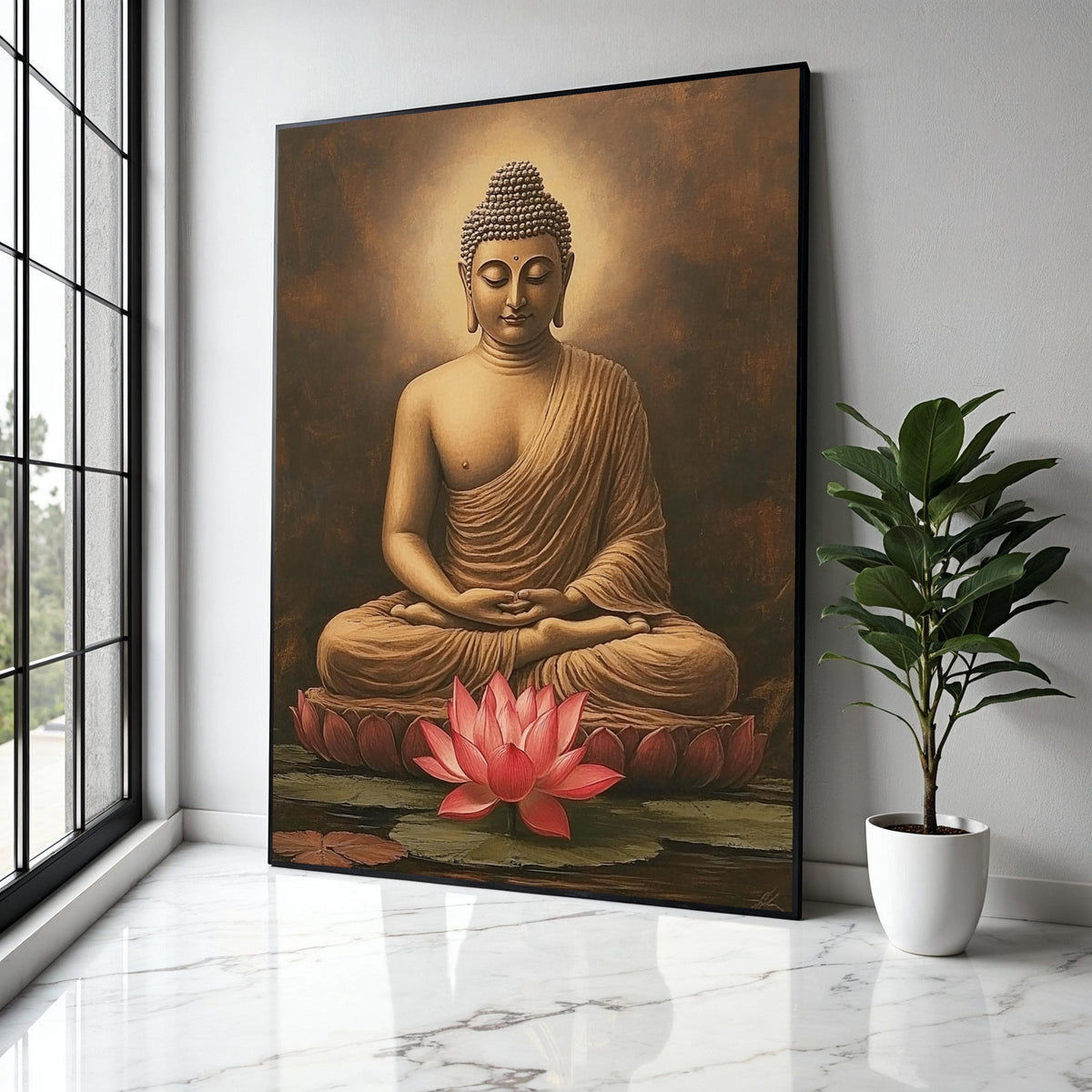 Meditative Buddha Sitting Canvas, Lotus Flower Wall Art, Spiritual Home Decor, Tranquil Buddha Statue Painting, Gift Art, Home Decor, Print