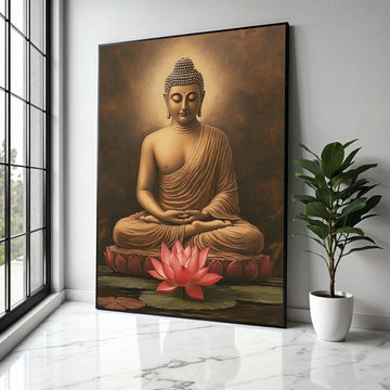 Meditative Buddha Sitting Canvas, Lotus Flower Wall Art, Spiritual Home Decor, Tranquil Buddha Statue Painting, Gift Art, Home Decor, Print