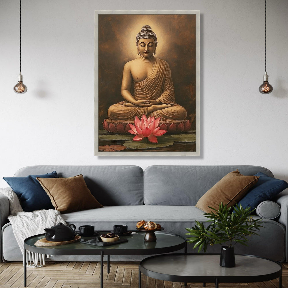Meditative Buddha Sitting Canvas, Lotus Flower Wall Art, Spiritual Home Decor, Tranquil Buddha Statue Painting, Gift Art, Home Decor, Print