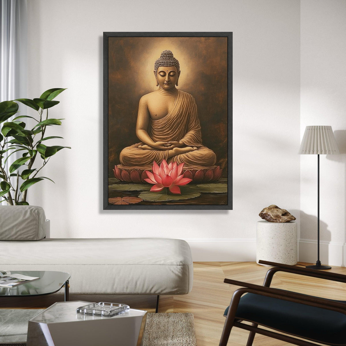 Meditative Buddha Sitting Canvas, Lotus Flower Wall Art, Spiritual Home Decor, Tranquil Buddha Statue Painting, Gift Art, Home Decor, Print