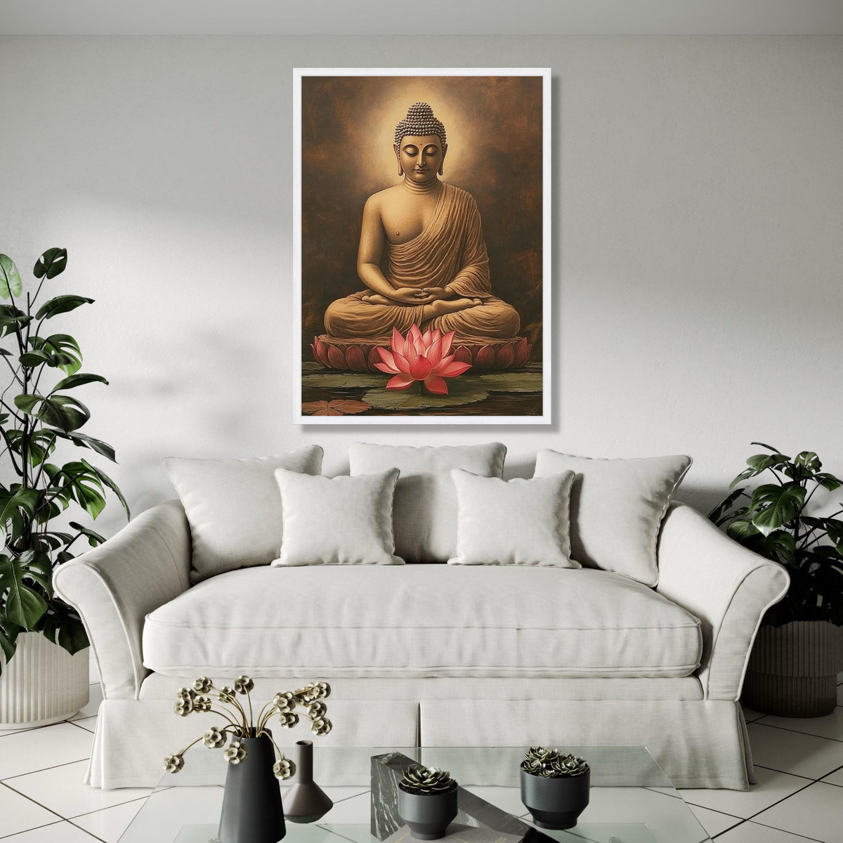 Meditative Buddha Sitting Canvas, Lotus Flower Wall Art, Spiritual Home Decor, Tranquil Buddha Statue Painting, Gift Art, Home Decor, Print