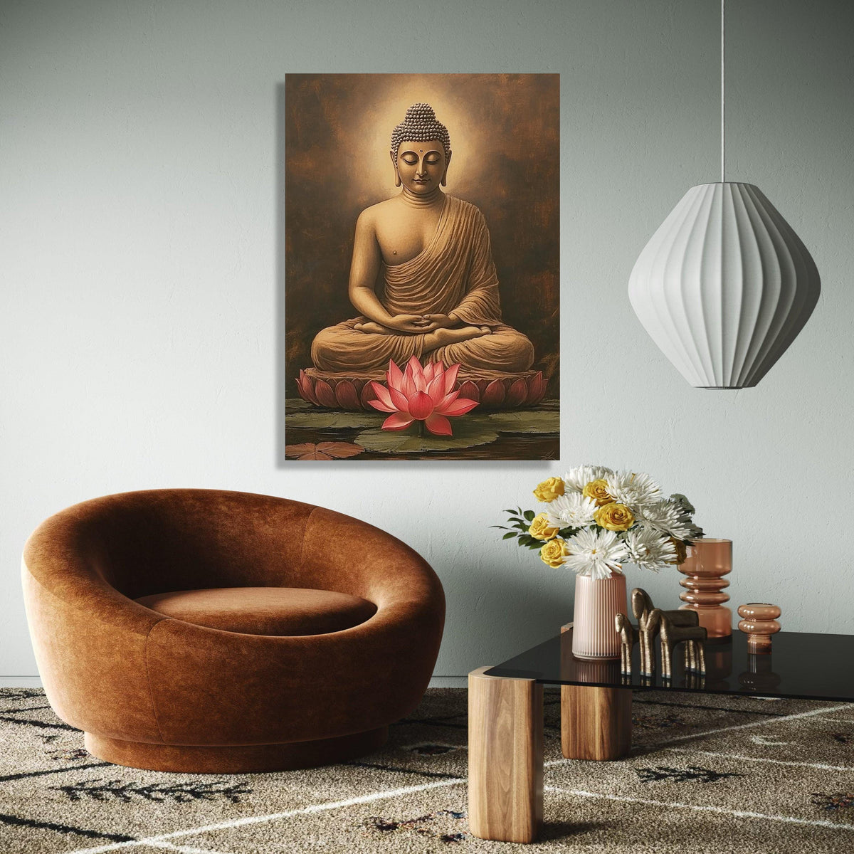 Meditative Buddha Sitting Canvas, Lotus Flower Wall Art, Spiritual Home Decor, Tranquil Buddha Statue Painting, Gift Art, Home Decor, Print