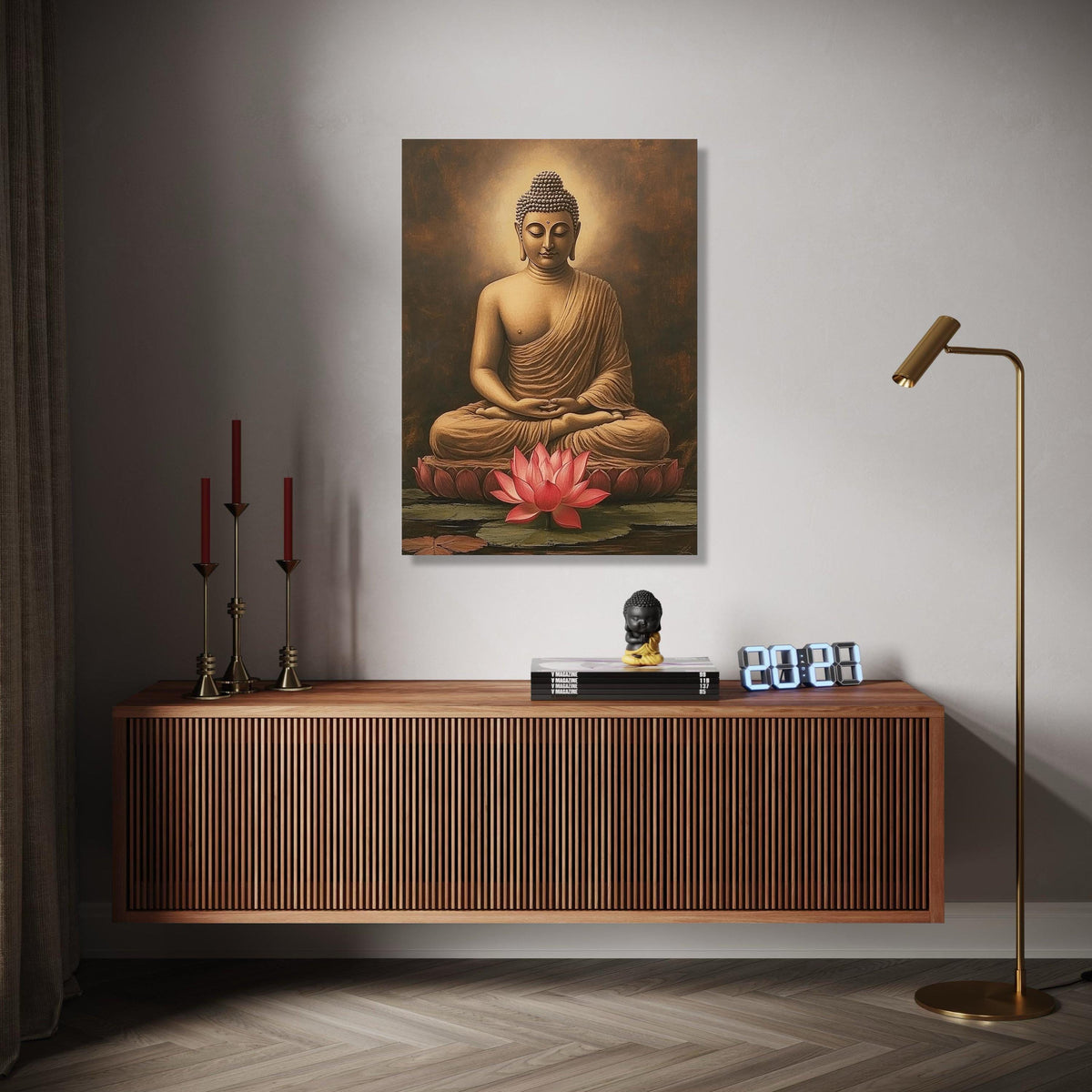 Meditative Buddha Sitting Canvas, Lotus Flower Wall Art, Spiritual Home Decor, Tranquil Buddha Statue Painting, Gift Art, Home Decor, Print