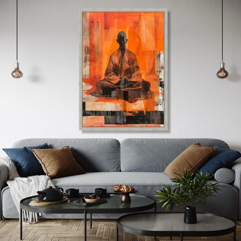 Abstract Meditating Monk Canvas Wall Art, Zen Orange Modern Spiritual Decor, Tranquil Silhouette Meditation Gift Art, Home Decor, Print