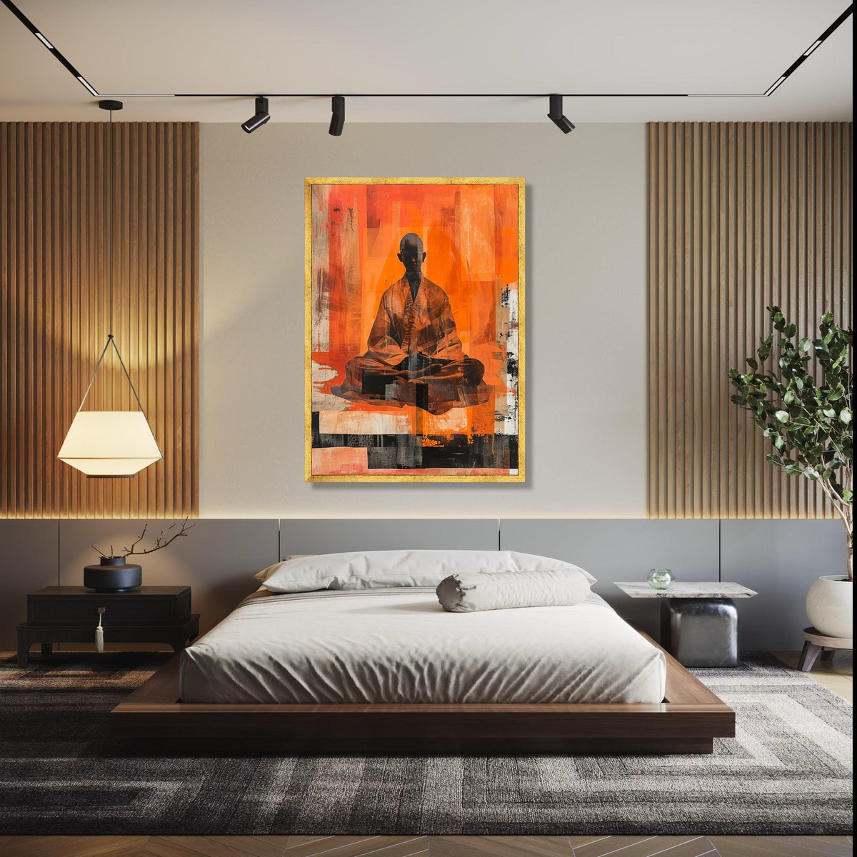 Abstract Meditating Monk Canvas Wall Art, Zen Orange Modern Spiritual Decor, Tranquil Silhouette Meditation Gift Art, Home Decor, Print