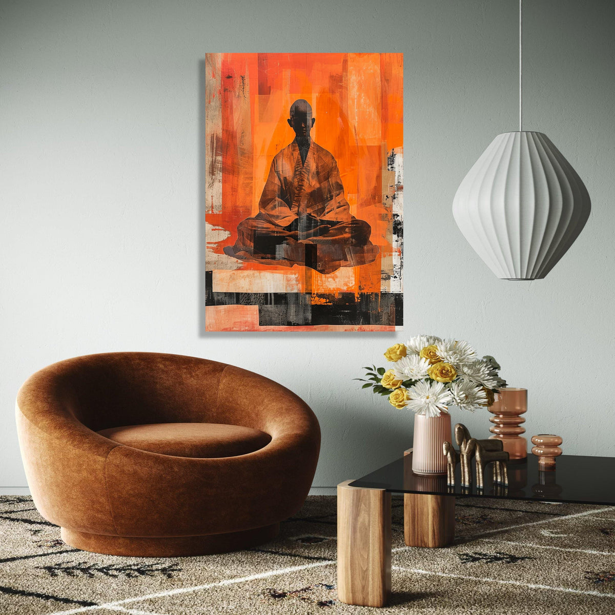 Abstract Meditating Monk Canvas Wall Art, Zen Orange Modern Spiritual Decor, Tranquil Silhouette Meditation Gift Art, Home Decor, Print