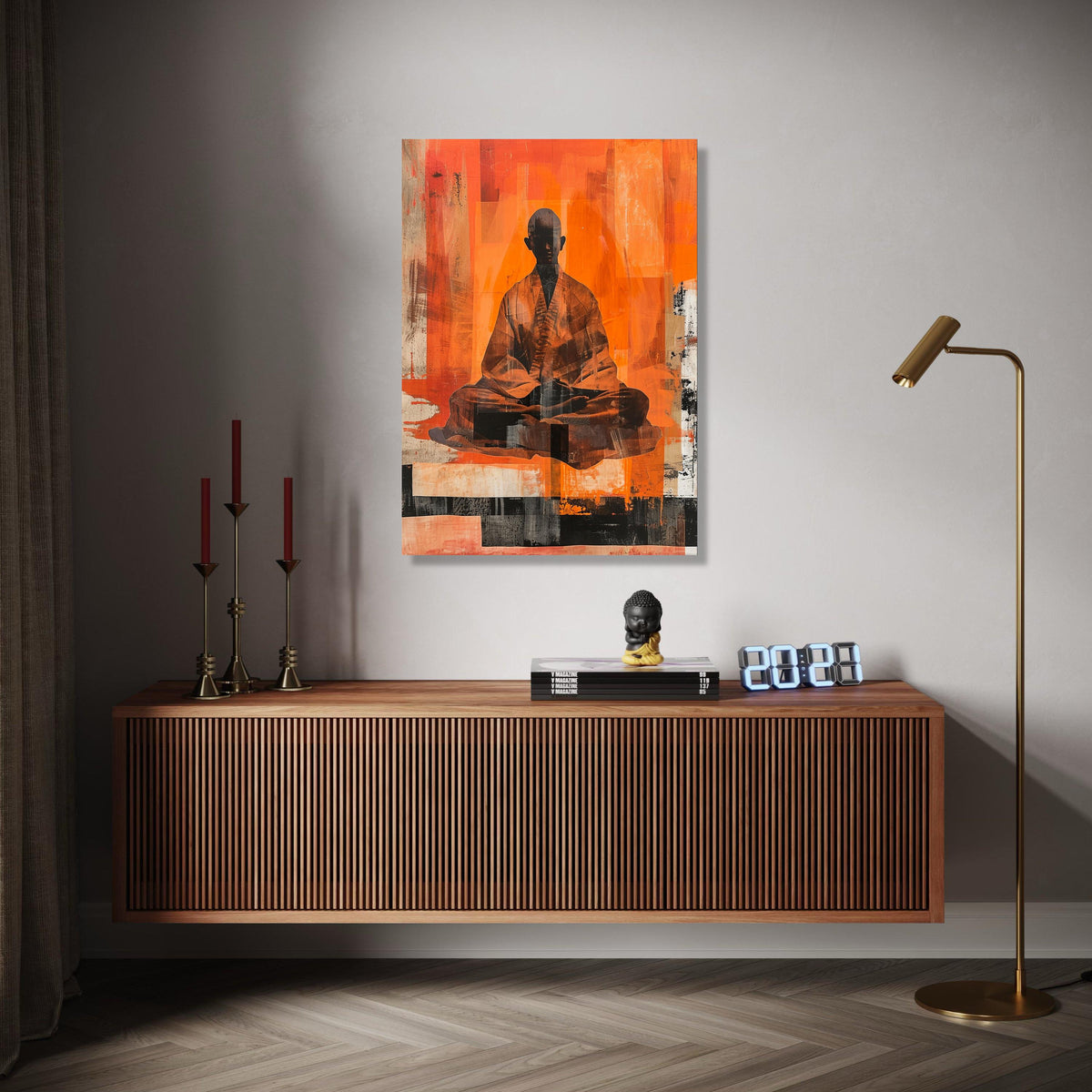 Abstract Meditating Monk Canvas Wall Art, Zen Orange Modern Spiritual Decor, Tranquil Silhouette Meditation Gift Art, Home Decor, Print