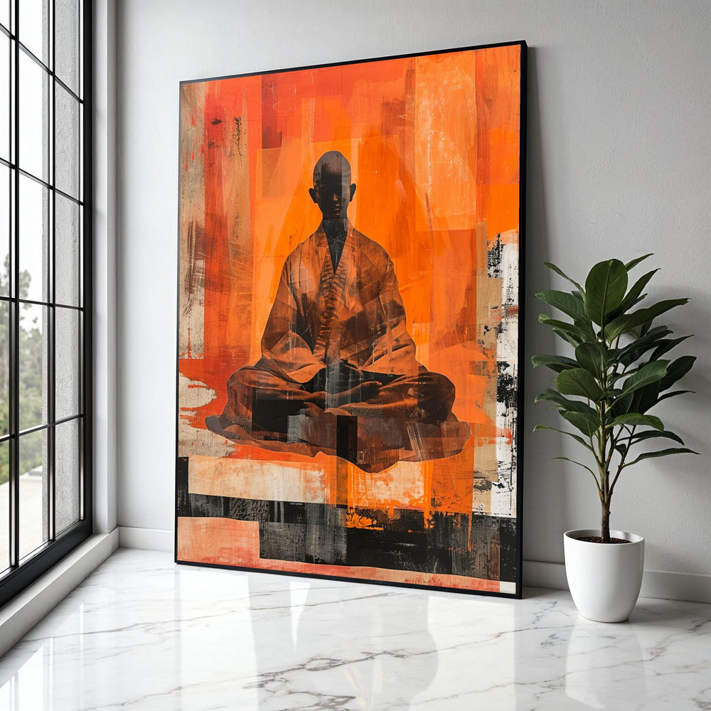 Abstract Meditating Monk Canvas Wall Art, Zen Orange Modern Spiritual Decor, Tranquil Silhouette Meditation Gift Art, Home Decor, Print