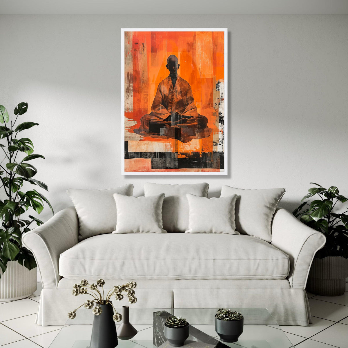 Abstract Meditating Monk Canvas Wall Art, Zen Orange Modern Spiritual Decor, Tranquil Silhouette Meditation Gift Art, Home Decor, Print