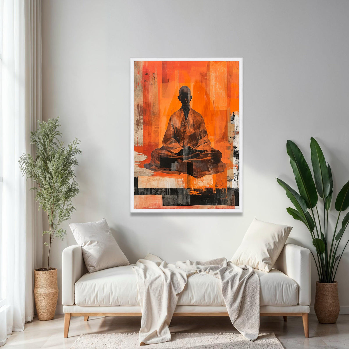Abstract Meditating Monk Canvas Wall Art, Zen Orange Modern Spiritual Decor, Tranquil Silhouette Meditation Gift Art, Home Decor, Print