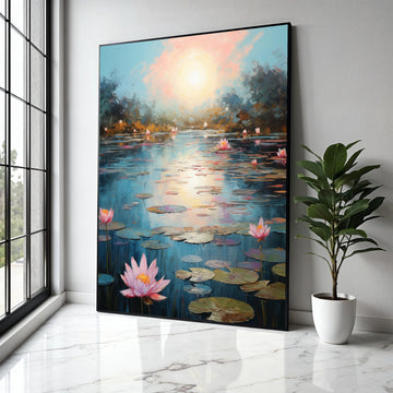 Tranquil Water Lily Pond Canvas, Serene Sunset Reflection Wall Art, Floral Nature Scene, Peaceful Landscape Gift Art, Home Decor, Print
