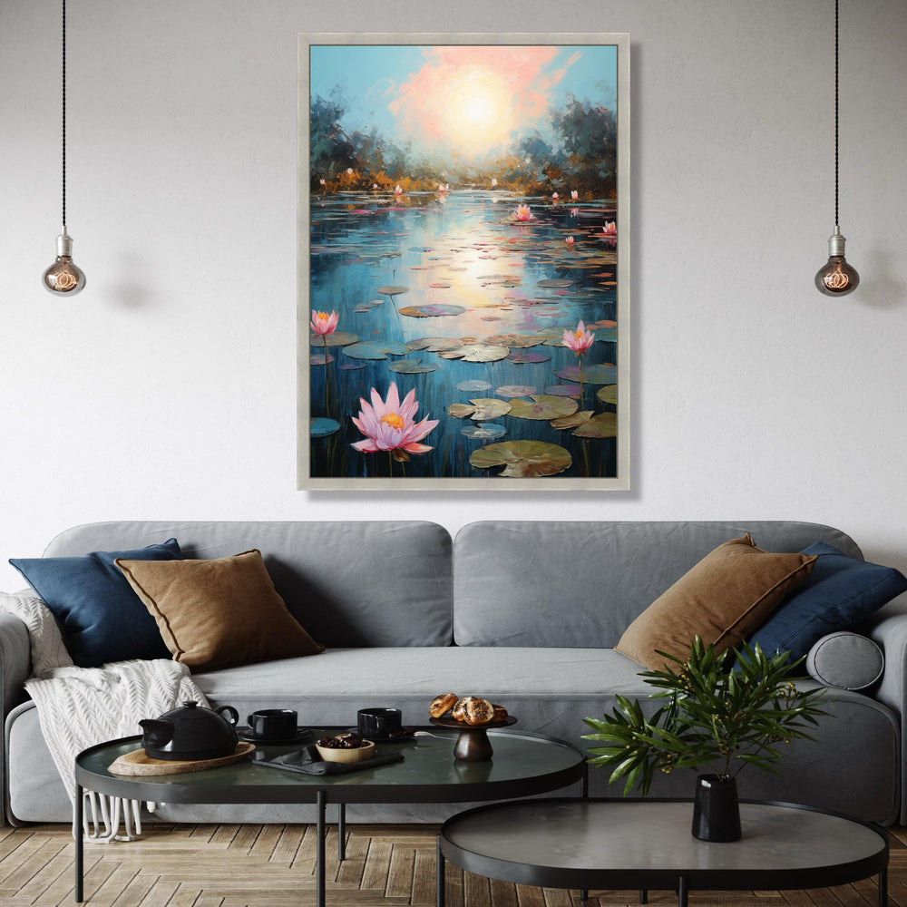 Tranquil Water Lily Pond Canvas, Serene Sunset Reflection Wall Art, Floral Nature Scene, Peaceful Landscape Gift Art, Home Decor, Print