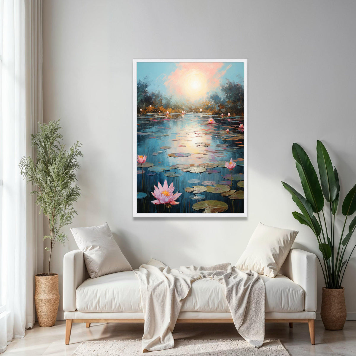 Tranquil Water Lily Pond Canvas, Serene Sunset Reflection Wall Art, Floral Nature Scene, Peaceful Landscape Gift Art, Home Decor, Print