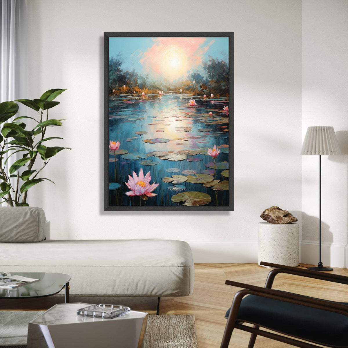 Tranquil Water Lily Pond Canvas, Serene Sunset Reflection Wall Art, Floral Nature Scene, Peaceful Landscape Gift Art, Home Decor, Print