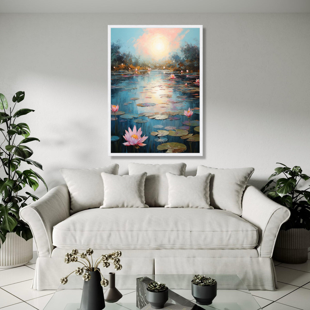Tranquil Water Lily Pond Canvas, Serene Sunset Reflection Wall Art, Floral Nature Scene, Peaceful Landscape Gift Art, Home Decor, Print