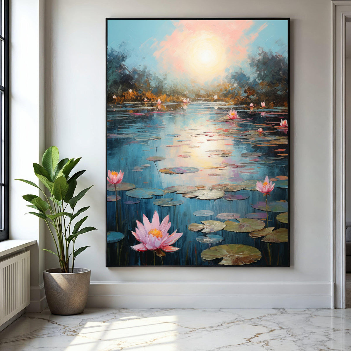 Tranquil Water Lily Pond Canvas, Serene Sunset Reflection Wall Art, Floral Nature Scene, Peaceful Landscape Gift Art, Home Decor, Print