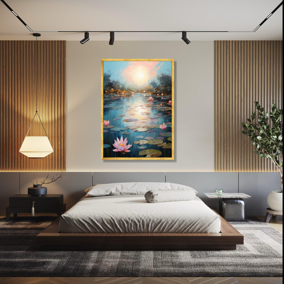 Tranquil Water Lily Pond Canvas, Serene Sunset Reflection Wall Art, Floral Nature Scene, Peaceful Landscape Gift Art, Home Decor, Print