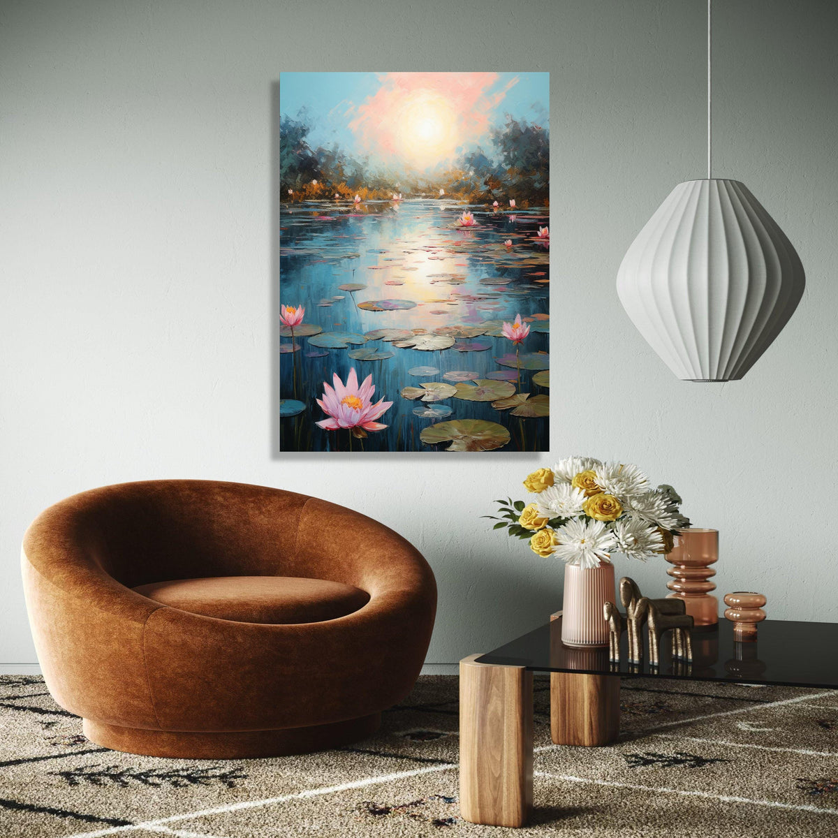 Tranquil Water Lily Pond Canvas, Serene Sunset Reflection Wall Art, Floral Nature Scene, Peaceful Landscape Gift Art, Home Decor, Print