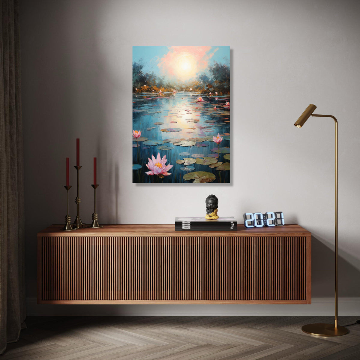 Tranquil Water Lily Pond Canvas, Serene Sunset Reflection Wall Art, Floral Nature Scene, Peaceful Landscape Gift Art, Home Decor, Print