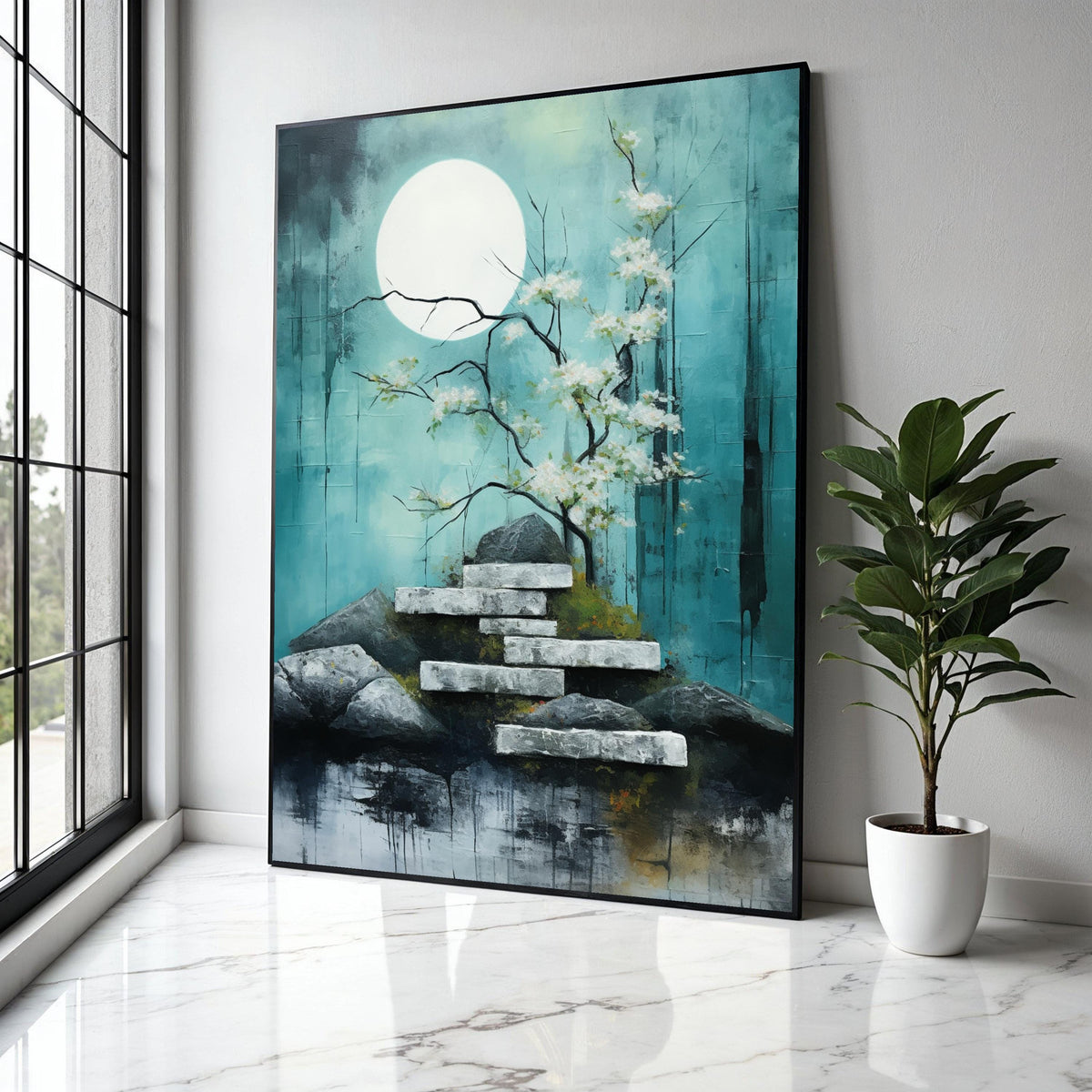 Tranquil Moonlit Garden Canvas, Cherry Blossom Tree Wall Art, Zen Rock Stairs Painting, Serene Nature Landscape Gift Art, Home Decor, Print