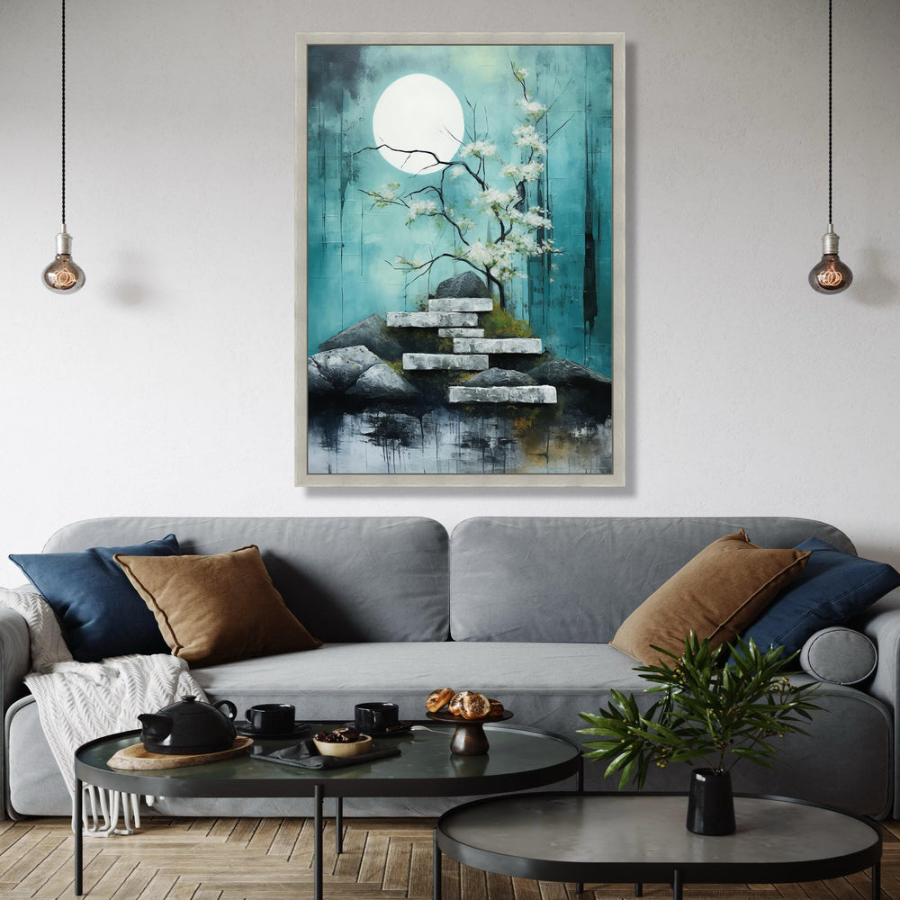 Tranquil Moonlit Garden Canvas, Cherry Blossom Tree Wall Art, Zen Rock Stairs Painting, Serene Nature Landscape Gift Art, Home Decor, Print