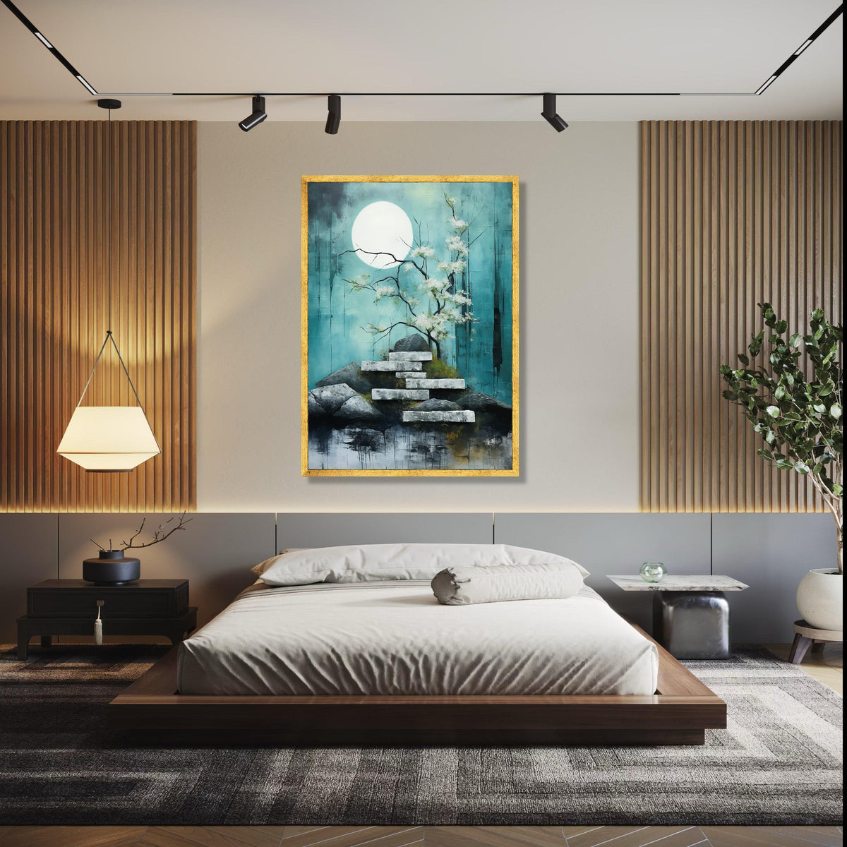 Tranquil Moonlit Garden Canvas, Cherry Blossom Tree Wall Art, Zen Rock Stairs Painting, Serene Nature Landscape Gift Art, Home Decor, Print
