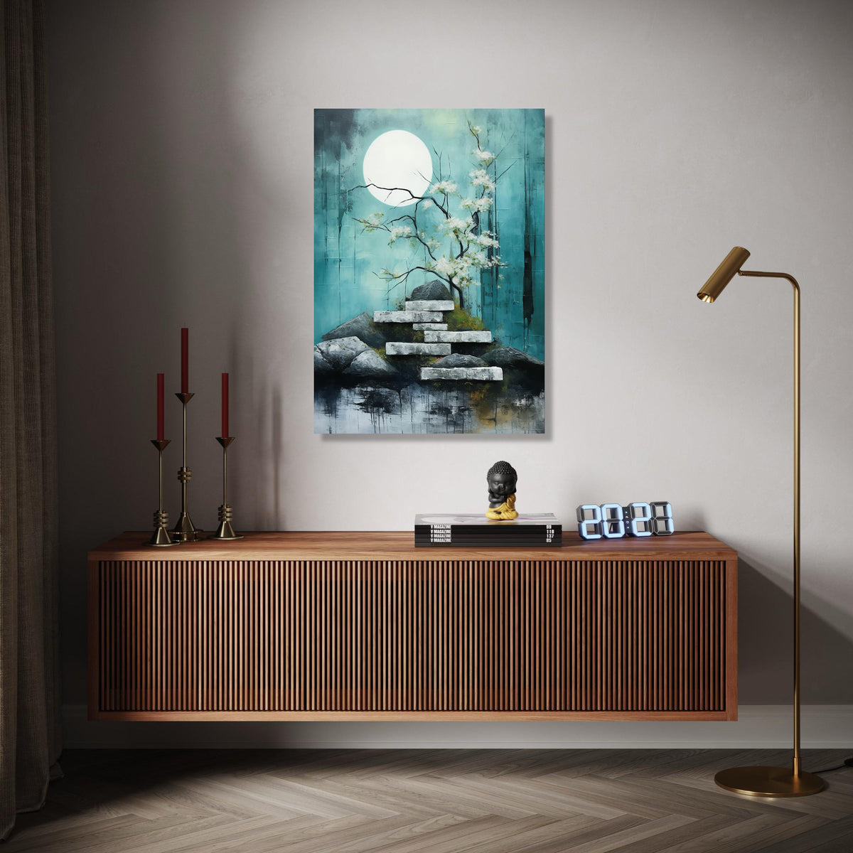 Tranquil Moonlit Garden Canvas, Cherry Blossom Tree Wall Art, Zen Rock Stairs Painting, Serene Nature Landscape Gift Art, Home Decor, Print