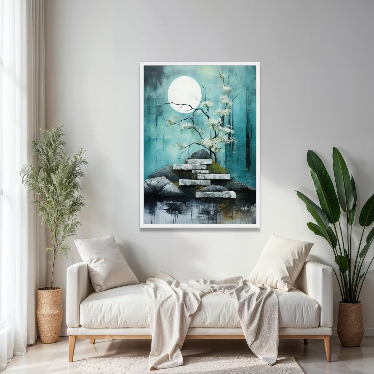 Tranquil Moonlit Garden Canvas, Cherry Blossom Tree Wall Art, Zen Rock Stairs Painting, Serene Nature Landscape Gift Art, Home Decor, Print