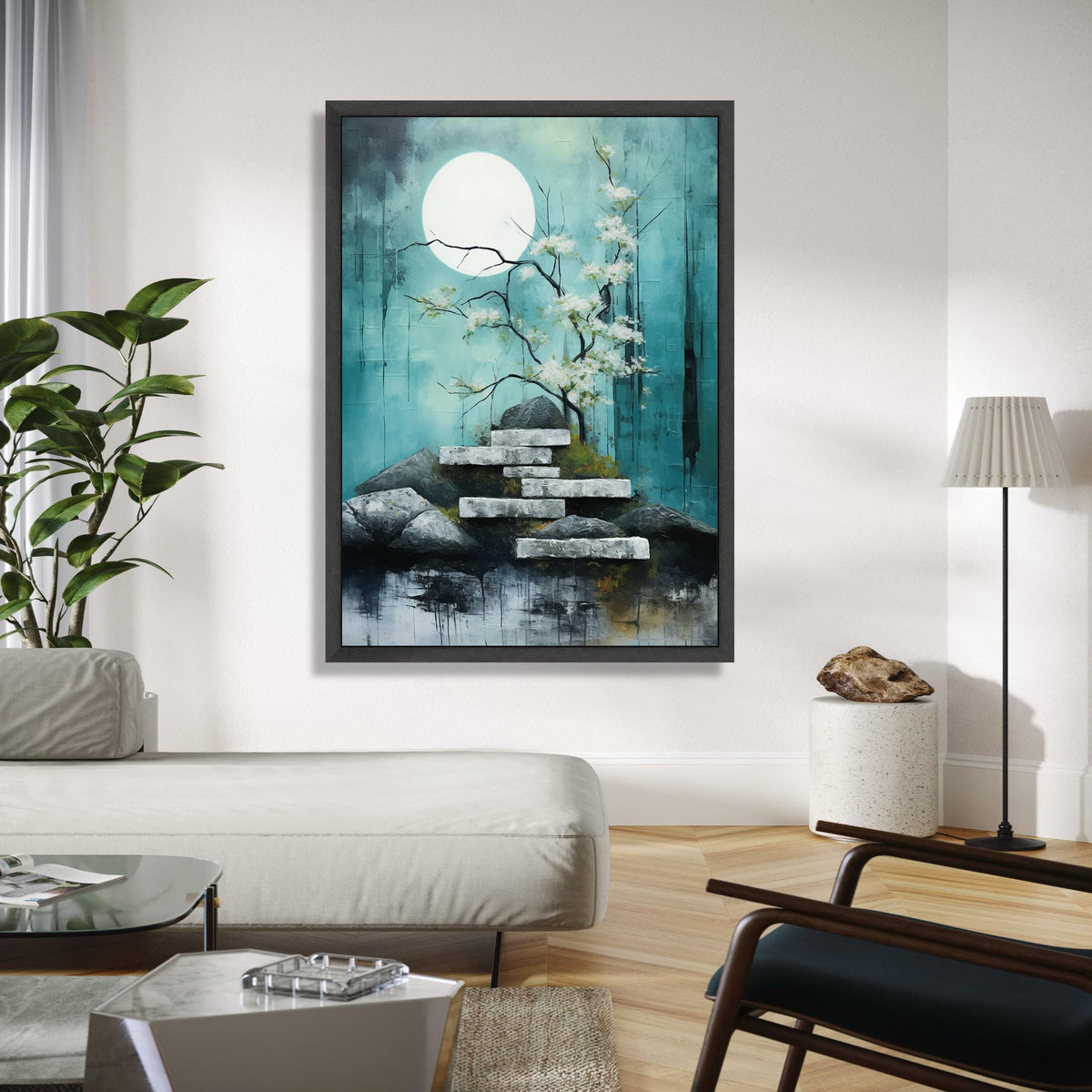 Tranquil Moonlit Garden Canvas, Cherry Blossom Tree Wall Art, Zen Rock Stairs Painting, Serene Nature Landscape Gift Art, Home Decor, Print