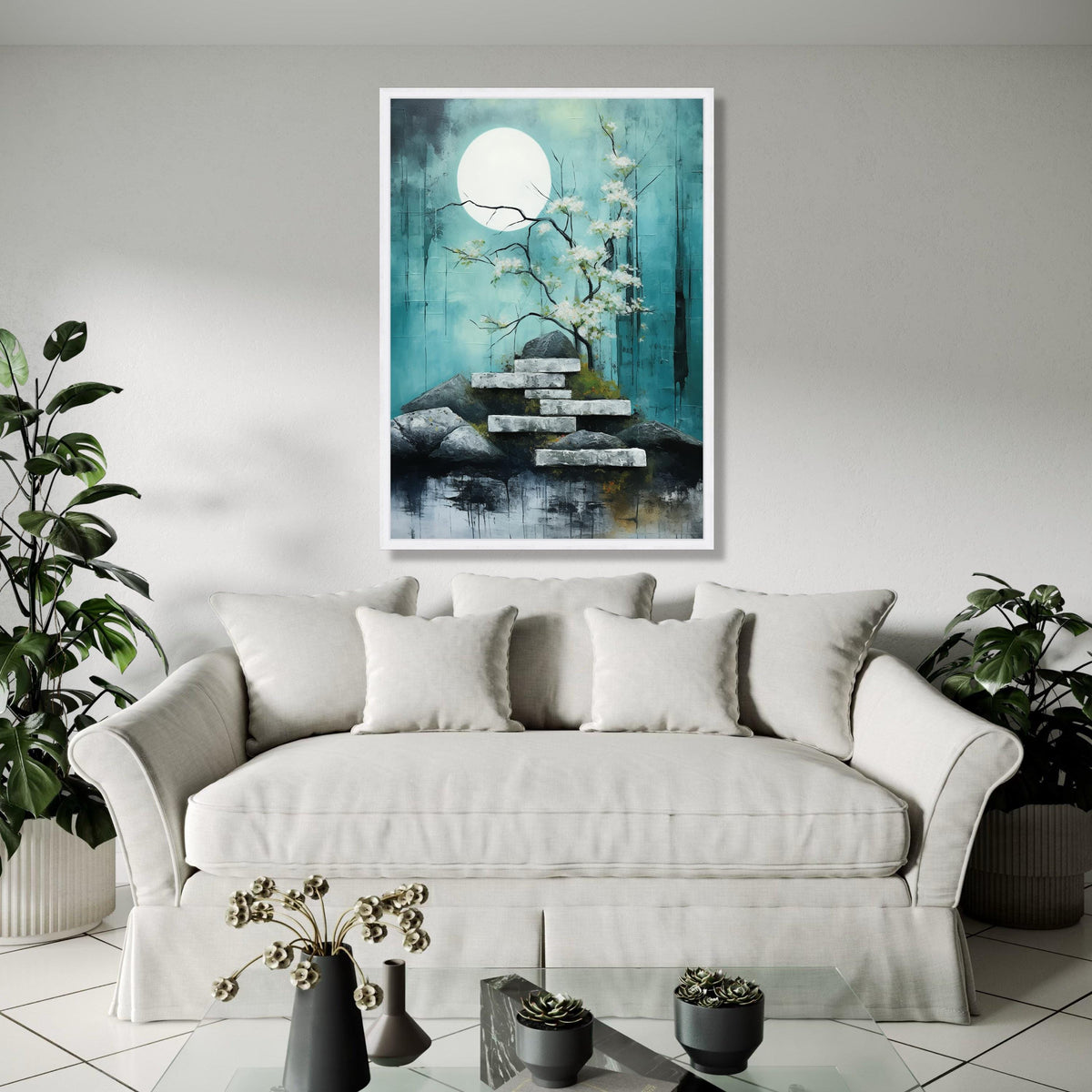 Tranquil Moonlit Garden Canvas, Cherry Blossom Tree Wall Art, Zen Rock Stairs Painting, Serene Nature Landscape Gift Art, Home Decor, Print