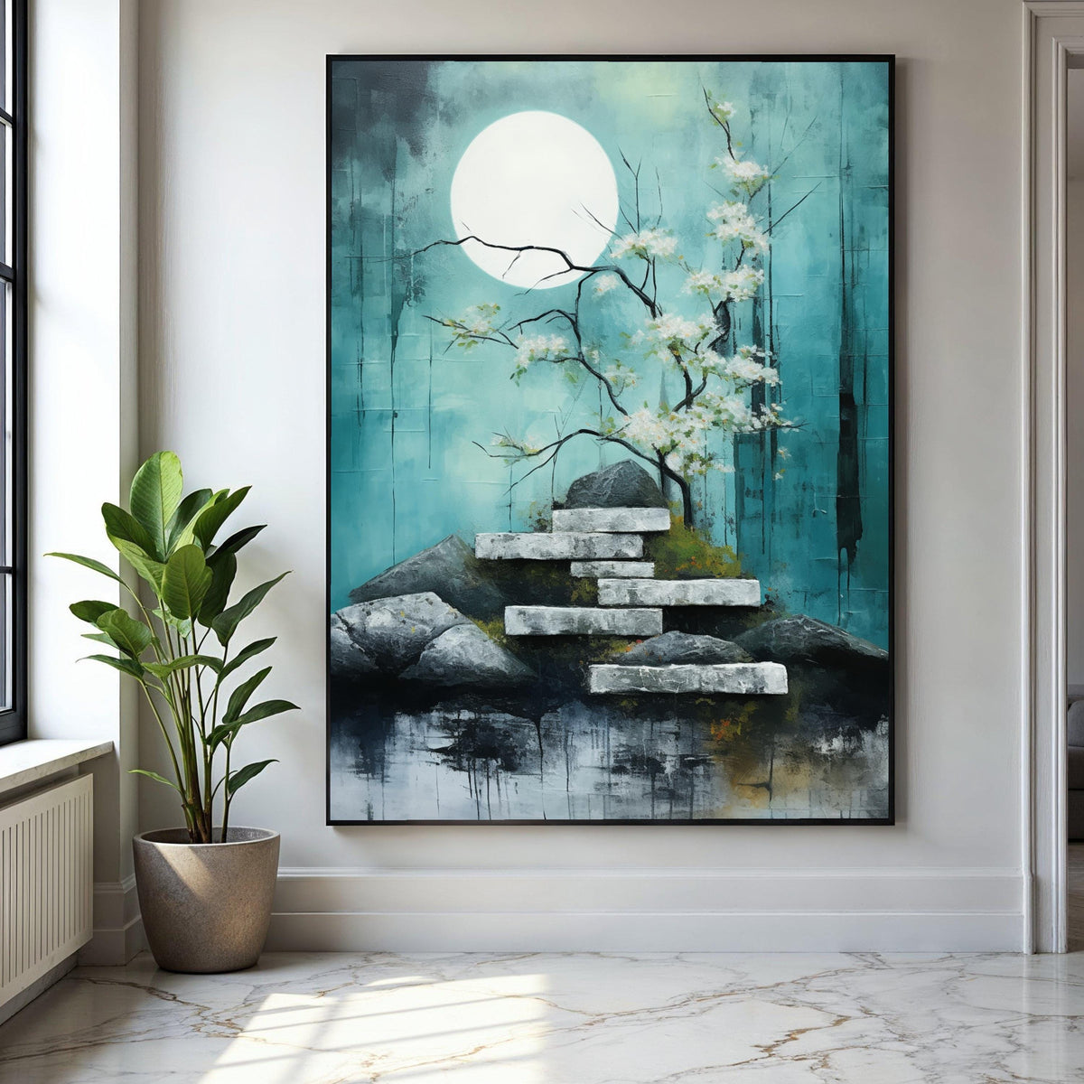 Tranquil Moonlit Garden Canvas, Cherry Blossom Tree Wall Art, Zen Rock Stairs Painting, Serene Nature Landscape Gift Art, Home Decor, Print