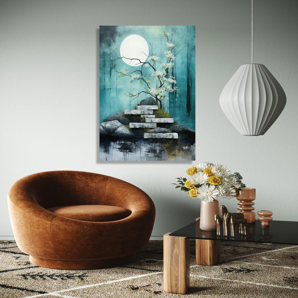 Tranquil Moonlit Garden Canvas, Cherry Blossom Tree Wall Art, Zen Rock Stairs Painting, Serene Nature Landscape Gift Art, Home Decor, Print
