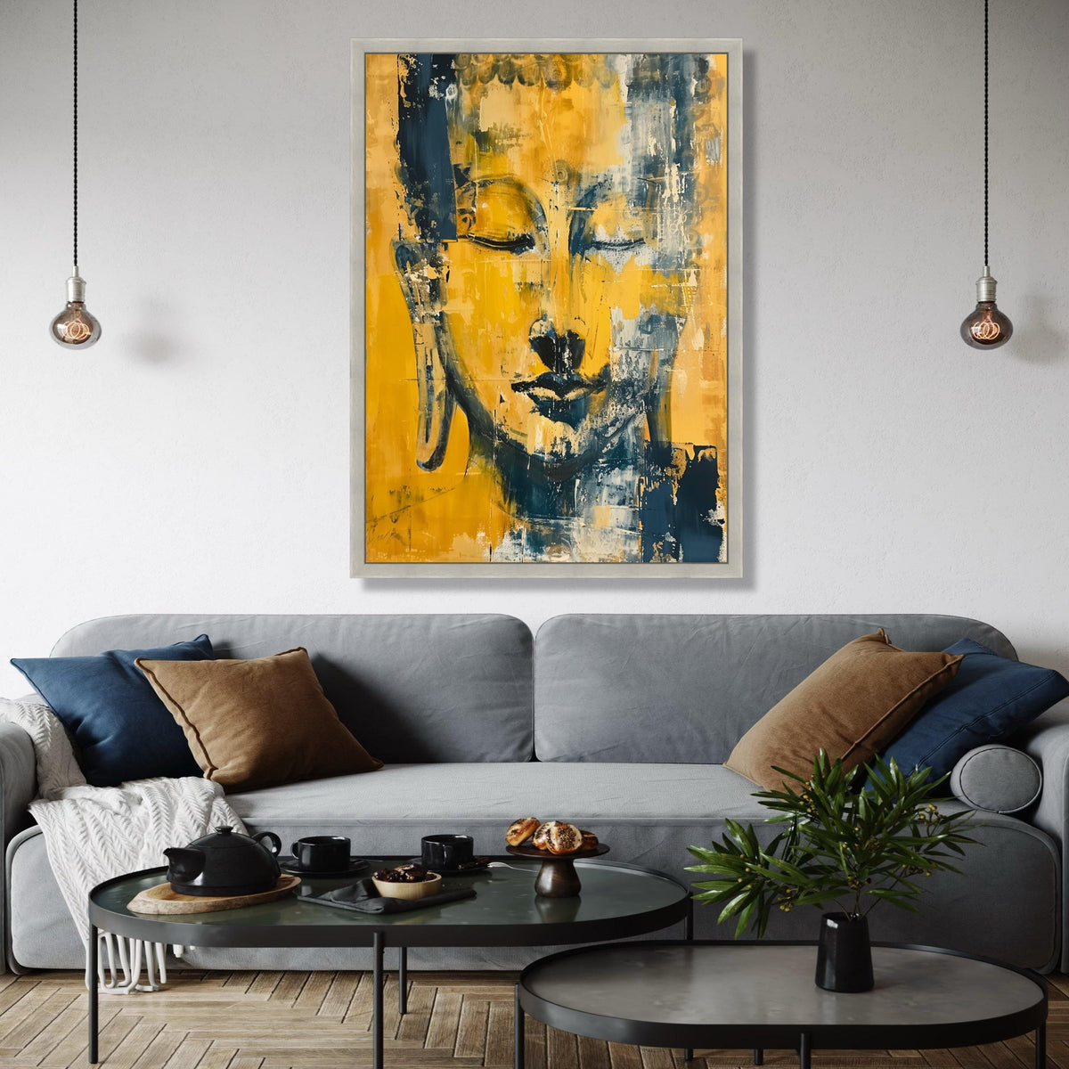 Abstract Buddha Face Canvas Wall Art, Modern Spiritual Meditation Decor, Yellow and Blue Artistic Portrait, Gift Art, Home Decor, Print