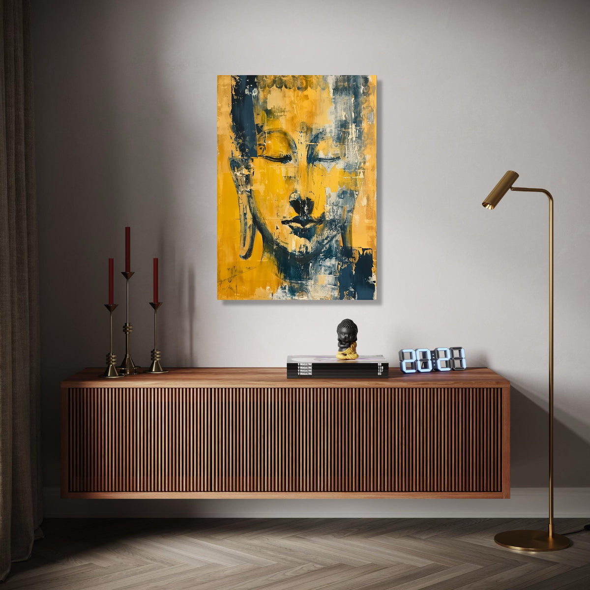 Abstract Buddha Face Canvas Wall Art, Modern Spiritual Meditation Decor, Yellow and Blue Artistic Portrait, Gift Art, Home Decor, Print