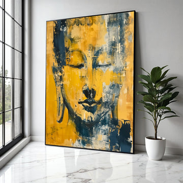 Abstract Buddha Face Canvas Wall Art, Modern Spiritual Meditation Decor, Yellow and Blue Artistic Portrait, Gift Art, Home Decor, Print