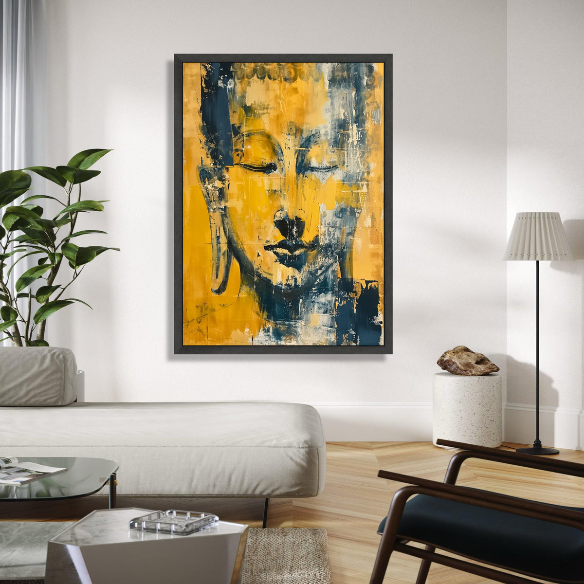 Abstract Buddha Face Canvas Wall Art, Modern Spiritual Meditation Decor, Yellow and Blue Artistic Portrait, Gift Art, Home Decor, Print