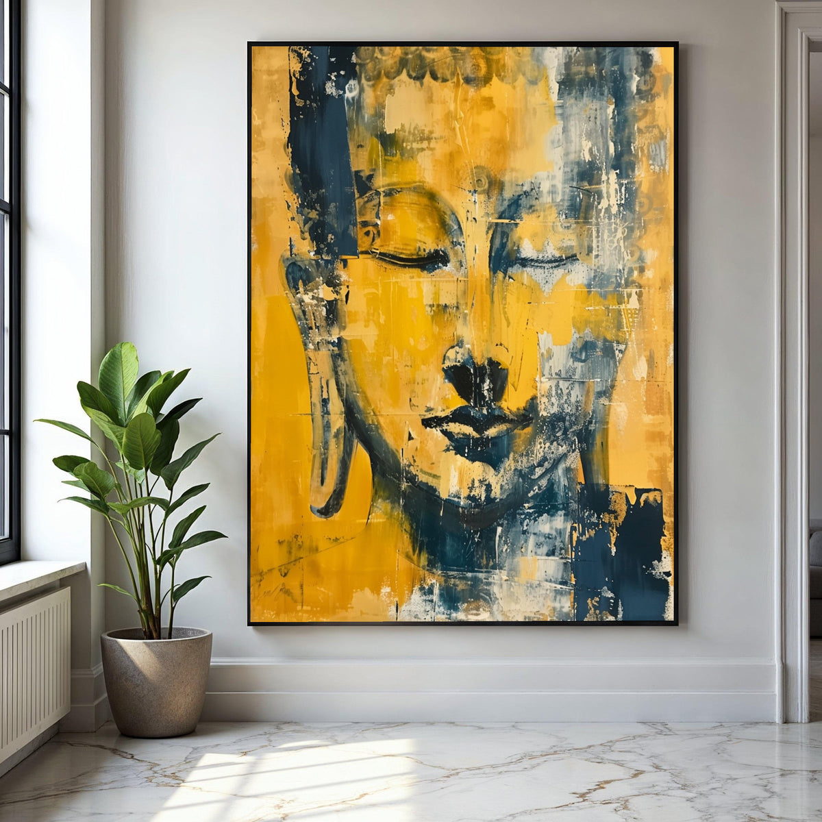 Abstract Buddha Face Canvas Wall Art, Modern Spiritual Meditation Decor, Yellow and Blue Artistic Portrait, Gift Art, Home Decor, Print